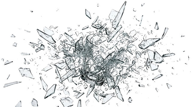 Abstract shattered glass fragments isolated on white background.
