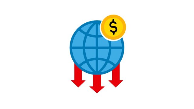 Global economic crisis concept featuring a globe, money symbol, and red downward arrow representing financial decline and market instability.