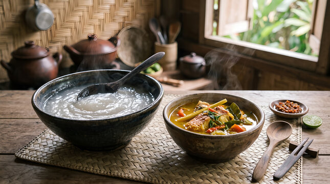 Authentic papeda and fish soup presented with natural materials, ideal for Indonesian culinary heritage, tourism campaigns, cultural education, publishing, and institutional advertising.