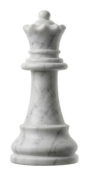 Classic white marble chess queen piece standing tall, featuring smooth polished isolated transparent background image