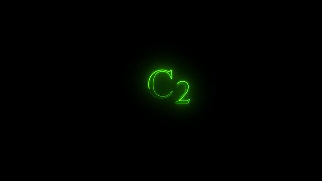Neon green c2 chemical formula symbol glowing on black background, for scientific education, and research