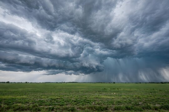 A powerful and dramatic storm front looms over a vast, vibrant green field, with heavy rain descending from dark, ominous clouds creating an intense atmospheric scene