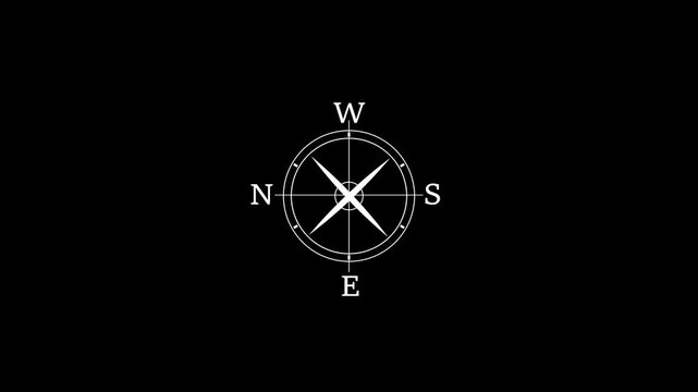 Minimalist compass rose animation, white navigation on black background, for travel and, orientation direction