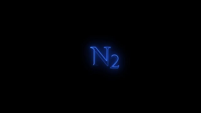 Nitrogen molecule n2 chemical formula neon glow animation on black background, chemistry
