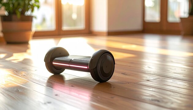 Modern Hoverboard Scooter on Wooden Floor Indoors