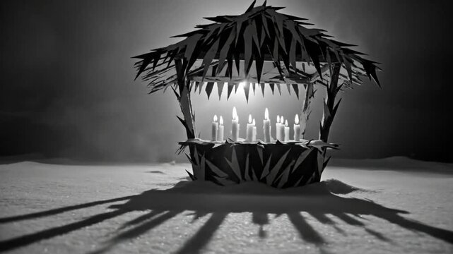 Black and white still life with a lit gazebo and candles at night in the snow with shadows and fog