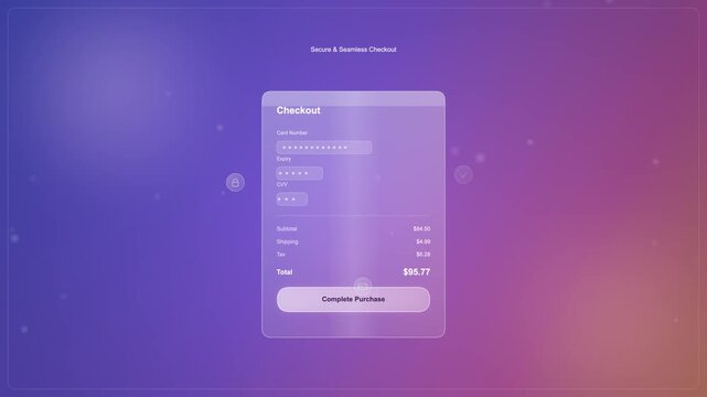 Modern Glassmorphism Interface Design Featuring a Semi-Transparent E-commerce Payment Checkout Form on a Vibrant Gradient Background