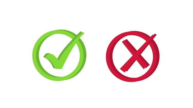 Animated pop-up green check mark and red cross X symbol on transparent background. A checkmark in and out motion graphics animation. Video footage of yes or no, true or false with alpha channel