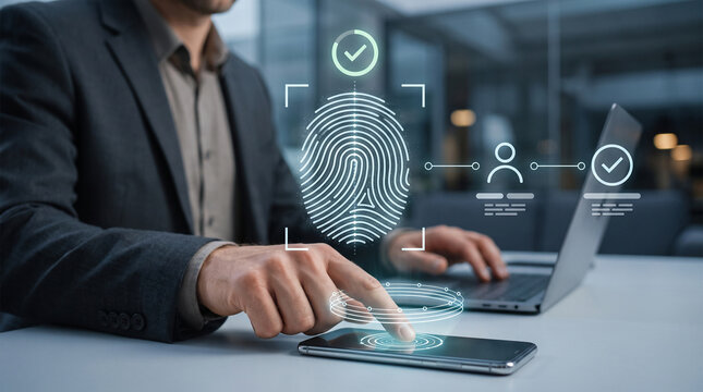 Biometric fingerprint authentication secures mobile identity verification, trusted device access and enterprise cybersecurity