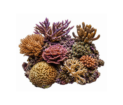 Colorful diverse sps hard coral reef collection isolated on white background
