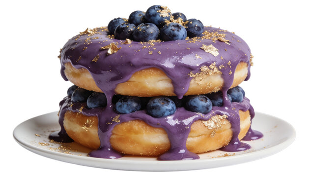 Gourmet blueberry donut tower with purple glaze, luxury stacked doughnut dessert with gold flakes, artisanal sweet pastry isolated on Transparent Background