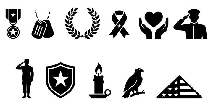 Military icons for veterans day and remembrance day isolated on transparent background