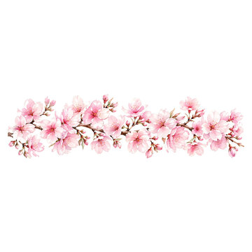 Watercolor cherry blossom border, pink sakura flower garland, elegant floral branch banner for wedding invitations isolated on Transparent Background