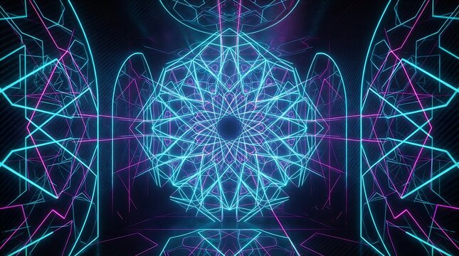 Abstract neon geometric mandala glowing with cyan and magenta lines on dark background.