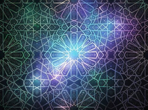 Celestial islamic geometric pattern with glowing star shapes and cosmic nebula clouds in deep blue and purple space background.