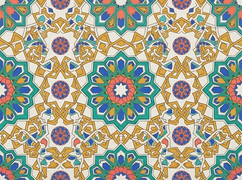 Abstract geometric pattern featuring vibrant symmetrical mandala motifs combined with intricate interlocking shapes and lines.
