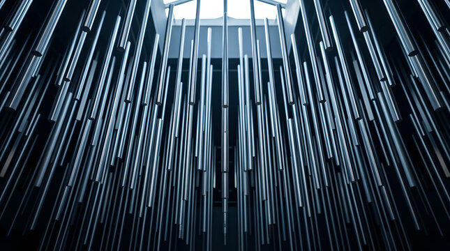 Numerous metallic rods hang vertically from an unseen ceiling, creating a unique abstract art installation overhead.