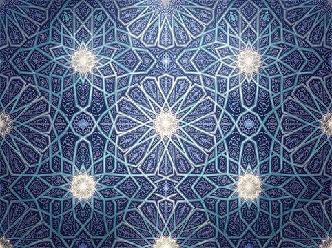 Vibrant blue islamic geometric pattern with bright glowing star shapes and intricate arabesque details for a vivid design.
