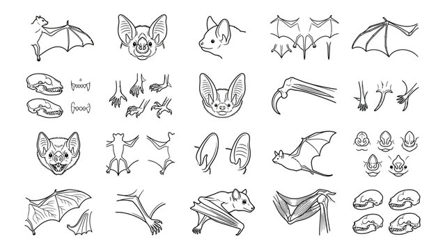 Set of black and white hand drawn bat sketches including heads wings claws and skulls for biology research and halloween