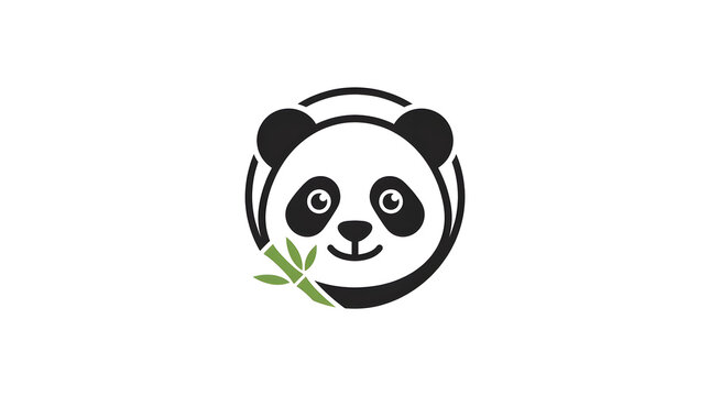 Minimalist panda head logo design vector illustration inside circular frame with green bamboo leaf, cute giant panda bear mascot emblem isolated on white background for eco brand or children design.