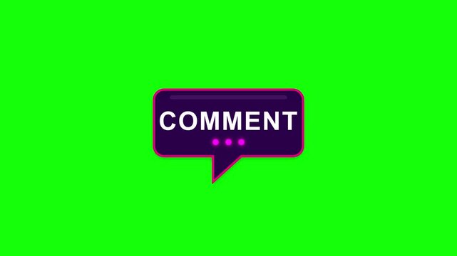 Dark purple comment speech bubble with white text and neon pink border isolated on bright green screen background. Graphic includes three glowing pink ellipsis dots for social media UI.