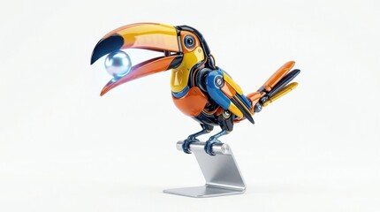 Obraz premium Colorful robotic toucan bird perched on metal stand.