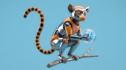 Fototapeta premium Cybernetic lemur sitting on a branch holding a sphere.
