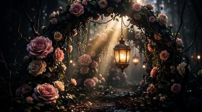 Enchanted rose floral arch and vintage hanging lantern featuring blooming pink roses, glowing light rays and mystical forest backdrop, representing romantic fairy tale and wedding decor