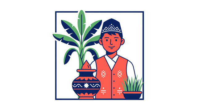 Nepalese Boy Celebrating Dashain Festival Illustration