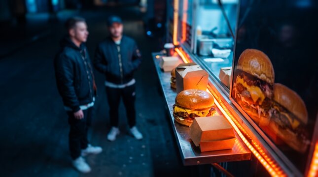 Night food truck display featuring fresh gourmet cheeseburgers, cardboard takeaway boxes and waiting customers, illustrating urban street food culture and night dining lifestyle