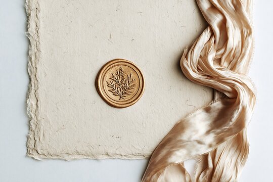 Gold wax seal with botanical stamp on handmade paper with silk ribbon, elegant wedding invitation flat lay