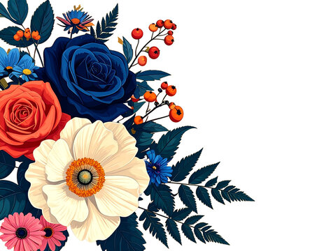 Floral bouquet with roses and berries for wedding invitation on transparent background