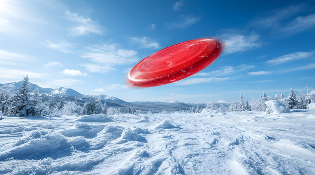 Red frisbee flying through crisp clear winter sky over snowy mountain landscape for active recreation and outdoor fun in mountain resorts.