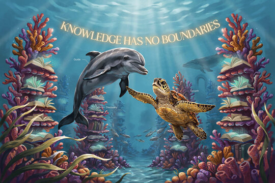 Surreal underwater library with dolphin and sea turtle, knowledge has no boundaries quote, magical ocean education concept