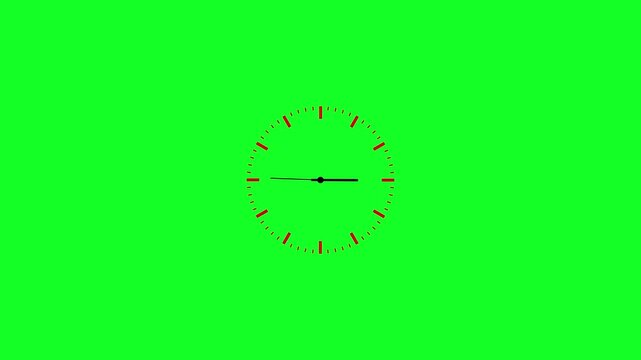 Modern analog clock animation with red marks and black hands on green screen background, perfect for time concept, business, schedule, deadline, and productivity stock footage.