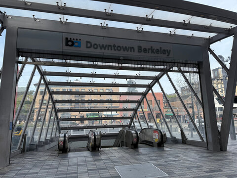 Covered escalator entrance to BART Downtown Berkeley station, viewed from the street level concourse - Berkeley, California, USA - April 18, 2026