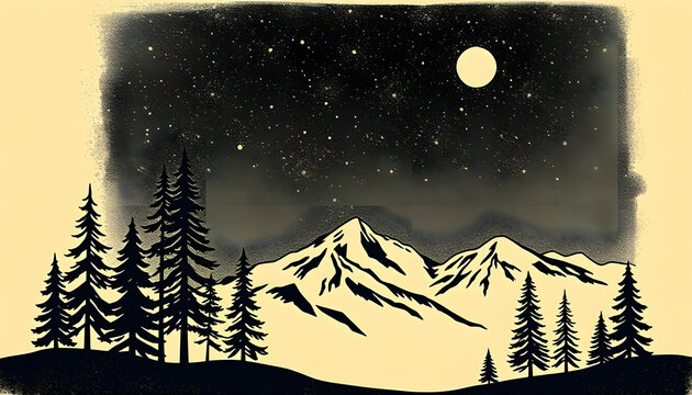 A detailed woodcut engraving of a peaceful mountain valley at night. A stylized full moon sits high in the dark sky, which is filled with a dense cluster of stars. The peaks are defined by elegant lin