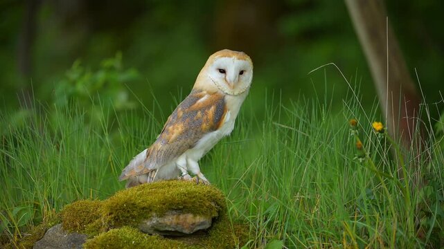 Schleiereule (Tyto alba), sitzt auf einem bemoosten Stein und beobachtet seine Umgebung