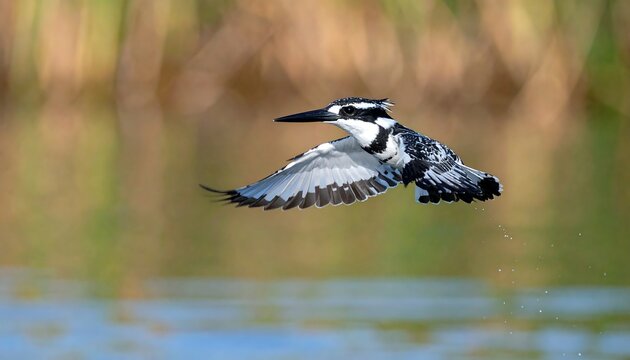 Beautiful Pied Kingfisher Ceryle rudis bird in flight skimming over a lake with spread wings