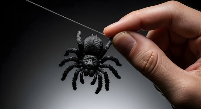Human hand holding a fake black spider with a fishing line on dark background
