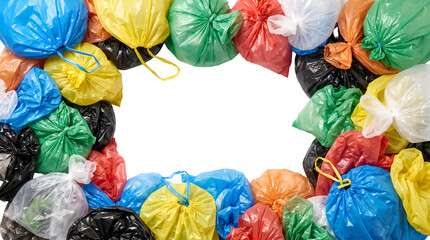 Obraz premium border of full colorful refuse sacks surrounding a blank white center against transparent background ecology recycling concept 