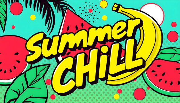 A high-octane pop art illustration for 'SUMMER CHILL'. The text is large, bold, and golden yellow with a black outline and a lime green inner burst. A stylized watermelon slice with palm trees is posi