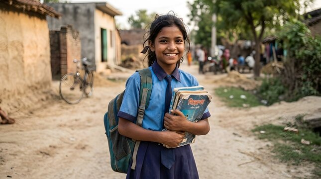 Ultra realistic documentary portrait of a cheerful young Indian schoolgirl from a modest rural family wearing a simple slightly worn school uniform carrying an old school backpack and holding several 