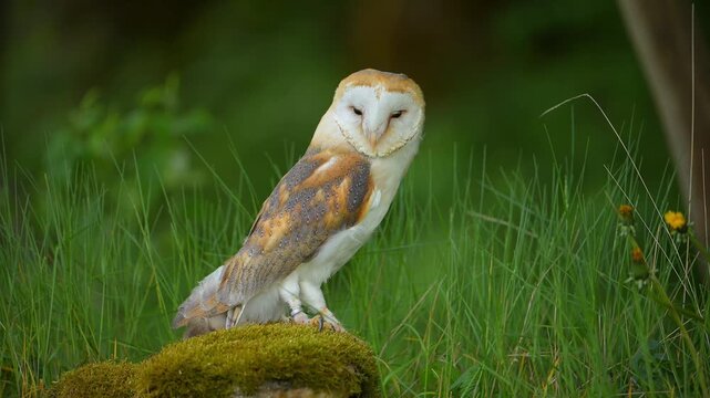 Schleiereule (Tyto alba), sitzt auf einem bemoosten Stein und beobachtet seine Umgebung