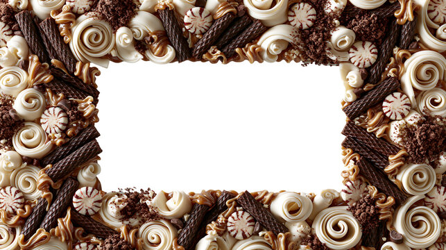 Chocolate and Vanilla Sweets Candy Frame Border with Swirls and Wafer Rolls Isolated on Transparent Background