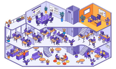 Fototapeta premium Multi-level Corporate Office Building Isometric Vector Illustration