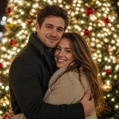 Fototapeta premium Happy couple embracing during festive Christmas holidays with bright lights
