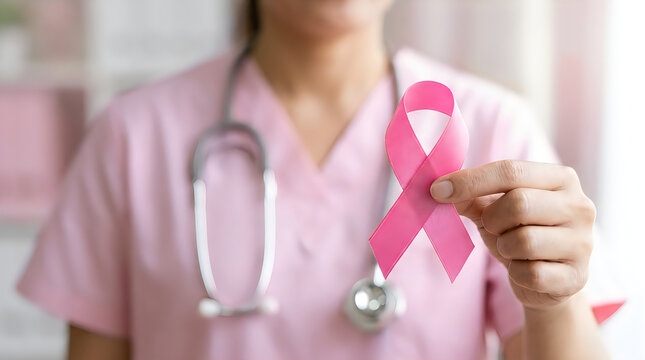 A caring healthcare worker gently holds a vibrant pink ribbon representing breast cancer awareness and offering compassionate support to