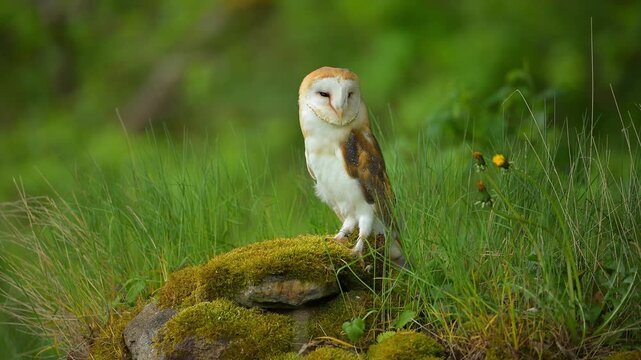 Schleiereule (Tyto alba), sitzt auf einem bemoosten Stein und beobachtet seine Umgebung