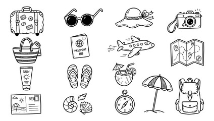 Fototapeta premium Adventure travel doodle collection illustration isolated on white background. Hand drawn about tourism and travel concept.
